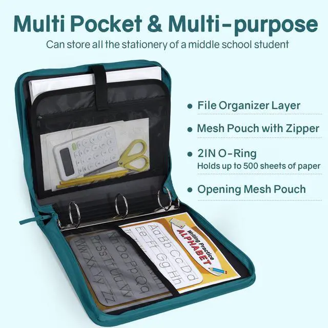 Alt view image 3 of 7 - Zippered Binder Bag with Handle, 2-Inch 3-Ring O-Ring, 500-Sheet Capacity, Includes Zip Pocket, 5-Tab Expanding File Folder, Multi-Pocket Organizer Binder for Middle School, Dark Teal-Green