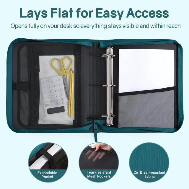 Alt view image 4 of 7 - Zippered Binder Bag with Handle, 2-Inch 3-Ring O-Ring, 500-Sheet Capacity, Includes Zip Pocket, 5-Tab Expanding File Folder, Multi-Pocket Organizer Binder for Middle School, Dark Teal-Green