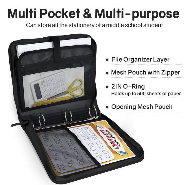 Alt view image 3 of 7 - Zippered Binder Bag with Handle, 2-Inch 3-Ring O-Ring, 500-Sheet Capacity, Includes Zip Pocket, 5-Tab Expanding File Folder, Multi-Pocket Organizer Binder for Middle School, Black