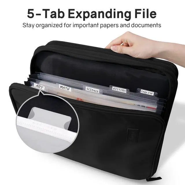 Alt view image 2 of 7 - Zippered Binder Bag with Handle, 2-Inch 3-Ring O-Ring, 500-Sheet Capacity, Includes Zip Pocket, 5-Tab Expanding File Folder, Multi-Pocket Organizer Binder for Middle School, Black