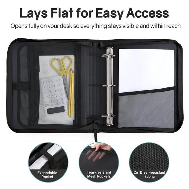 Alt view image 4 of 7 - Zippered Binder Bag with Handle, 2-Inch 3-Ring O-Ring, 500-Sheet Capacity, Includes Zip Pocket, 5-Tab Expanding File Folder, Multi-Pocket Organizer Binder for Middle School, Black