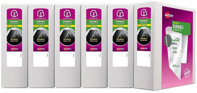 Main image of Durable View 3 Ring Binders, 3" EZD Rings, 6 White Binders (09701) For Daily School, Home and Office Use, DuraHinge Tear-Resistant Spine, DuraEdge Split-Resistant Sides, Interior Pockets