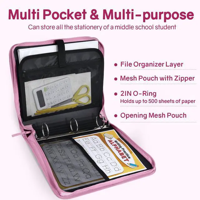 Alt view image 3 of 7 - Zippered Binder Bag with Handle, 2-Inch 3-Ring O-Ring, 500-Sheet Capacity, Includes Zip Pocket, 5-Tab Expanding File Folder, Multi-Pocket Organizer Binder for Middle School, Grape Purple