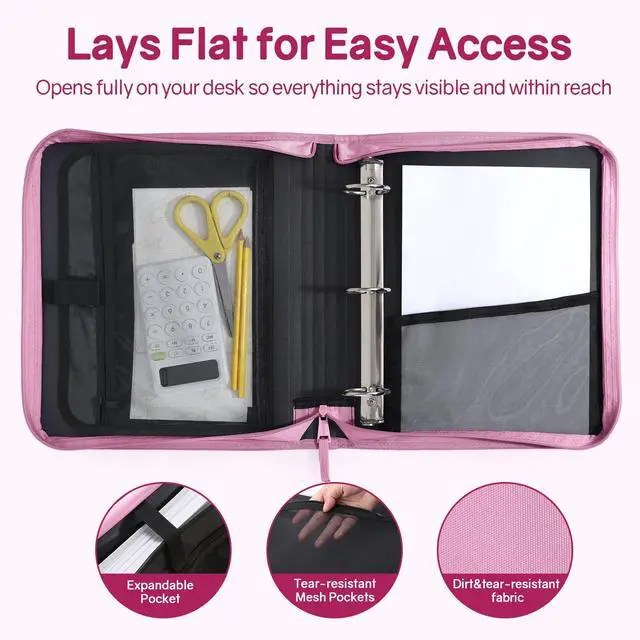 Alt view image 4 of 7 - Zippered Binder Bag with Handle, 2-Inch 3-Ring O-Ring, 500-Sheet Capacity, Includes Zip Pocket, 5-Tab Expanding File Folder, Multi-Pocket Organizer Binder for Middle School, Grape Purple