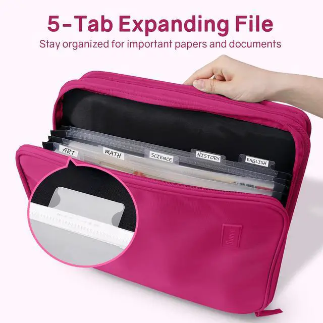 Alt view image 2 of 7 - Zippered Binder Bag with Handle, 2-Inch 3-Ring O-Ring, 500-Sheet Capacity, Includes Zip Pocket, 5-Tab Expanding File Folder, Multi-Pocket Organizer Binder for Middle School, Berry Pink