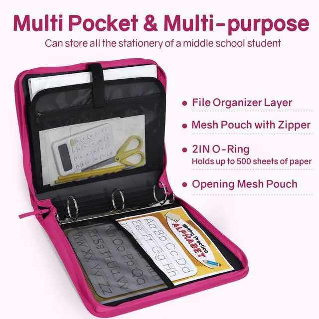 Alt view image 3 of 7 - Zippered Binder Bag with Handle, 2-Inch 3-Ring O-Ring, 500-Sheet Capacity, Includes Zip Pocket, 5-Tab Expanding File Folder, Multi-Pocket Organizer Binder for Middle School, Berry Pink