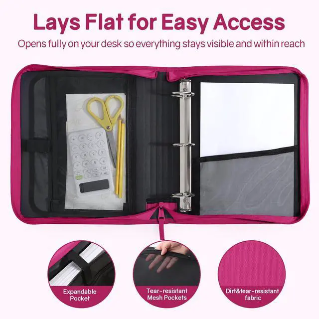 Alt view image 4 of 7 - Zippered Binder Bag with Handle, 2-Inch 3-Ring O-Ring, 500-Sheet Capacity, Includes Zip Pocket, 5-Tab Expanding File Folder, Multi-Pocket Organizer Binder for Middle School, Berry Pink