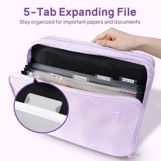 Alt view image 2 of 7 - Zippered Binder Bag with Handle, 2-Inch 3-Ring O-Ring, 500-Sheet Capacity, Includes Zip Pocket, 5-Tab Expanding File Folder, Multi-Pocket Organizer Binder for Middle School, Lavender Purple