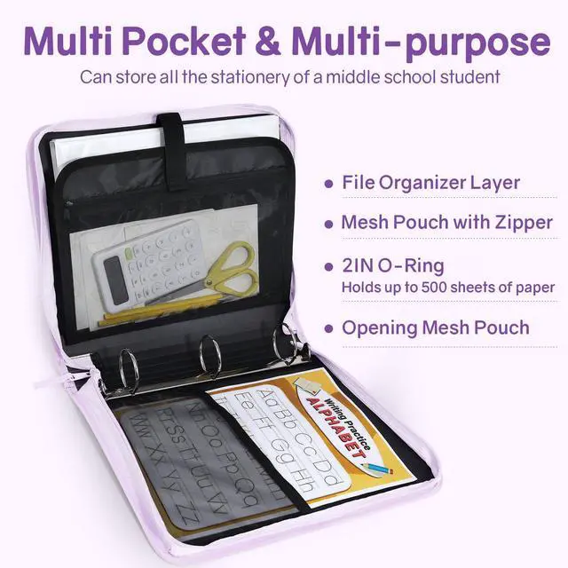 Alt view image 3 of 7 - Zippered Binder Bag with Handle, 2-Inch 3-Ring O-Ring, 500-Sheet Capacity, Includes Zip Pocket, 5-Tab Expanding File Folder, Multi-Pocket Organizer Binder for Middle School, Lavender Purple