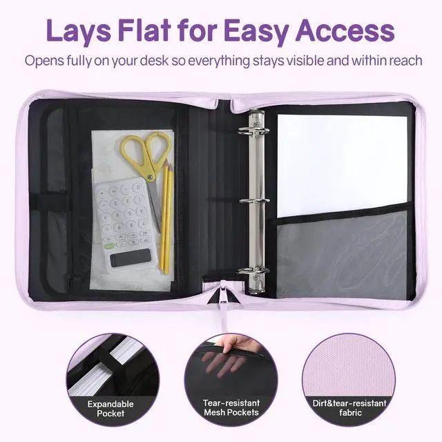 Alt view image 4 of 7 - Zippered Binder Bag with Handle, 2-Inch 3-Ring O-Ring, 500-Sheet Capacity, Includes Zip Pocket, 5-Tab Expanding File Folder, Multi-Pocket Organizer Binder for Middle School, Lavender Purple