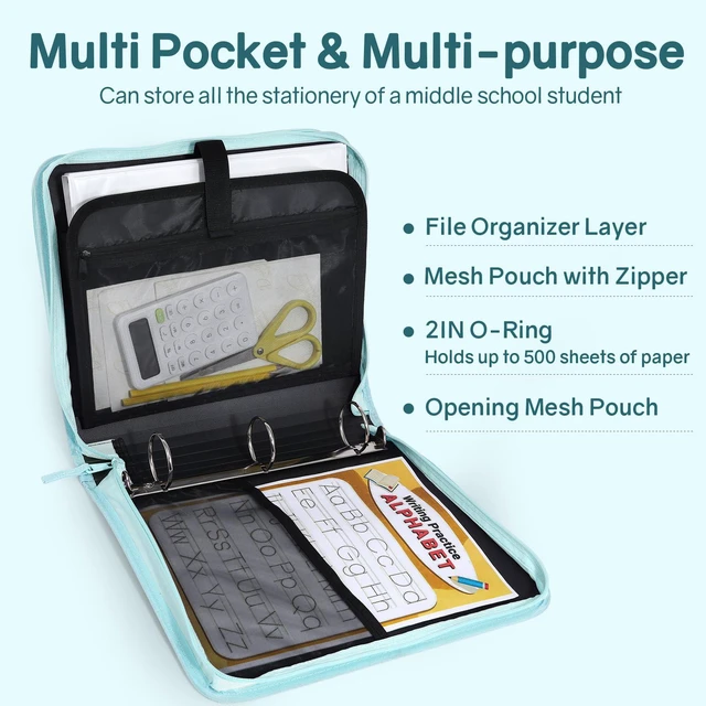 Alt view image 3 of 7 - Zippered Binder Bag with Handle, 2-Inch 3-Ring O-Ring, 500-Sheet Capacity, Includes Zip Pocket, 5-Tab Expanding File Folder, Multi-Pocket Organizer Binder for Middle School, Sky Blue