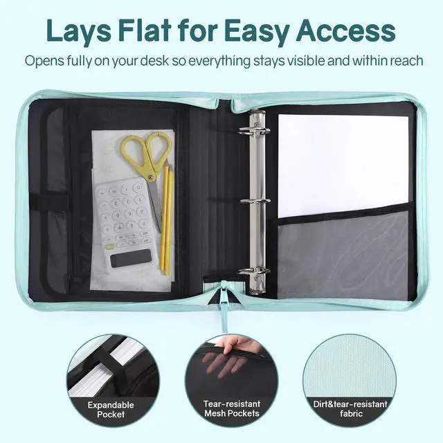 Alt view image 4 of 7 - Zippered Binder Bag with Handle, 2-Inch 3-Ring O-Ring, 500-Sheet Capacity, Includes Zip Pocket, 5-Tab Expanding File Folder, Multi-Pocket Organizer Binder for Middle School, Sky Blue