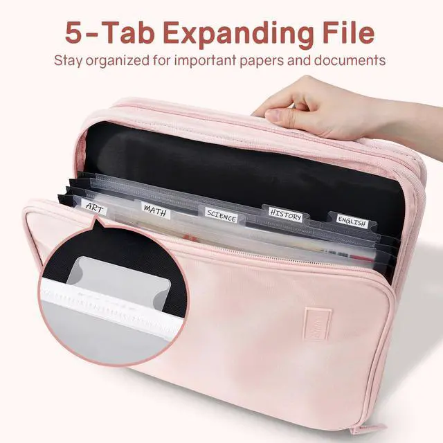Alt view image 2 of 7 - Zippered Binder Bag with Handle, 2-Inch 3-Ring O-Ring, 500-Sheet Capacity, Includes Zip Pocket, 5-Tab Expanding File Folder, Multi-Pocket Organizer Binder for Middle School, Pink Lotus