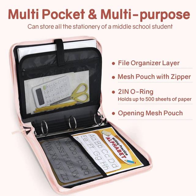 Alt view image 3 of 7 - Zippered Binder Bag with Handle, 2-Inch 3-Ring O-Ring, 500-Sheet Capacity, Includes Zip Pocket, 5-Tab Expanding File Folder, Multi-Pocket Organizer Binder for Middle School, Pink Lotus
