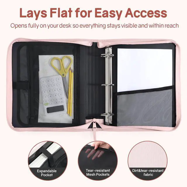 Alt view image 4 of 7 - Zippered Binder Bag with Handle, 2-Inch 3-Ring O-Ring, 500-Sheet Capacity, Includes Zip Pocket, 5-Tab Expanding File Folder, Multi-Pocket Organizer Binder for Middle School, Pink Lotus