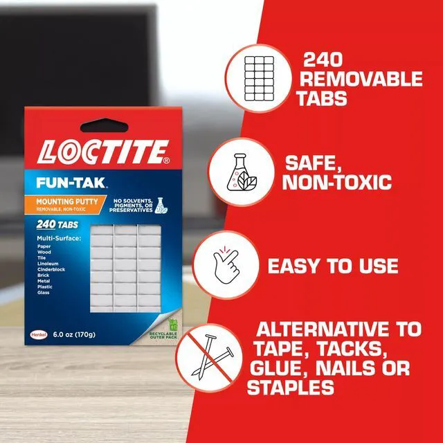 Alt view image 4 of 7 - Eco Fun-Tak Mounting Putty, White, 6 oz Wallet Pack of 12 - Nontoxic, Reusable, Repositionable Adhesive for Posters & Décor, 240 Tabs, Multi-Surface