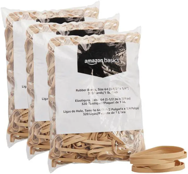 Main image of Rubber Bands, Office Supplies, Size 64 (1/4"), 320 Bands/1 lb Pack, 3-Pack, Tan