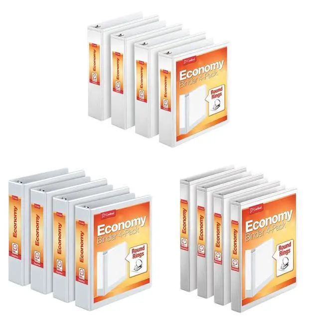 Main image of Economy 3 Ring Binder, 2 Inch, Presentation View, White & 1.5 Inch 3 Ring Binder, Round Ring, White, 4 Pack & Economy 3 Ring Binder, 1 Inch, Presentation View, White