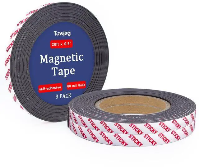Main image of Sticky Magnetic Tape for Crafts & DIY, 20ft x 1/2in (Pack of 3) Flexible Magnet Strip with Adhesive Backing, Easy to Cut, For Fridge, Whiteboard, Office & School Supplies