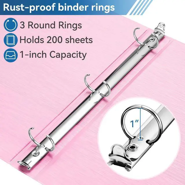 Alt view image 3 of 7 - 1-inch 3 Ring Binder with 2 Interior Pockets, 1''Durable Binders Holds US Letter Size 8.5'' x 11'' Paper - Versatile Binders for Office, Home, and School Use, 6 Pack Brush Finish