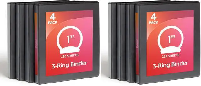Main image of Economy 3 Ring Binder, 1 Inch, Presentation View, Black, Holds 225 Sheets, Nonstick, PVC Free, Binders (79512), 4 Count(Pack of 2)