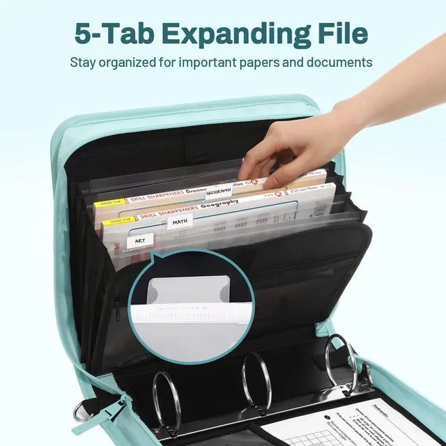 Alt view image 2 of 7 - Zipper Binder 3 Ring, 3 Inch O-Ring with Handle and Shoulder Strap, 600-Sheet Capacity, 5-Tab Expanding File Folder, Multi-Pockets for Middle School Organizer Binder with Zipper, Sky Blue