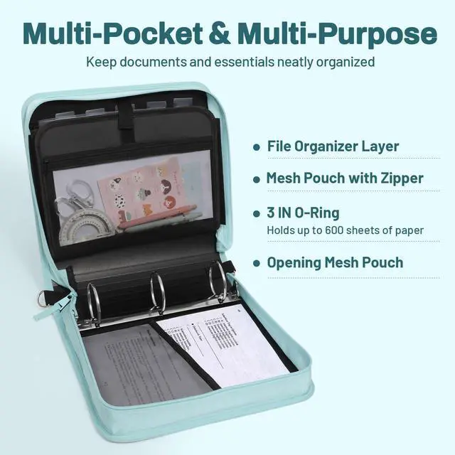 Alt view image 3 of 7 - Zipper Binder 3 Ring, 3 Inch O-Ring with Handle and Shoulder Strap, 600-Sheet Capacity, 5-Tab Expanding File Folder, Multi-Pockets for Middle School Organizer Binder with Zipper, Sky Blue