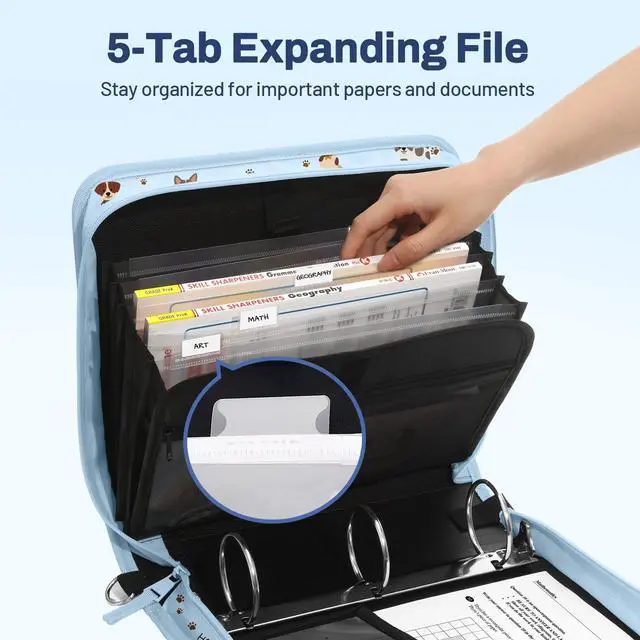 Alt view image 2 of 7 - Zipper Binder 3 Ring, 3 Inch O-Ring with Handle and Shoulder Strap, 600-Sheet Capacity, 5-Tab Expanding File Folder, Multi-Pockets for Middle School Organizer Binder with Zipper, Blue Dog