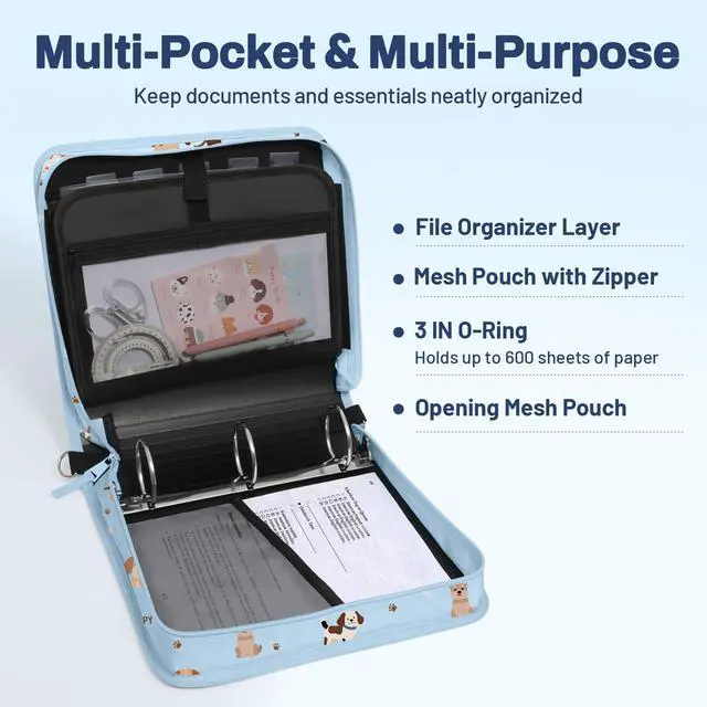 Alt view image 3 of 7 - Zipper Binder 3 Ring, 3 Inch O-Ring with Handle and Shoulder Strap, 600-Sheet Capacity, 5-Tab Expanding File Folder, Multi-Pockets for Middle School Organizer Binder with Zipper, Blue Dog