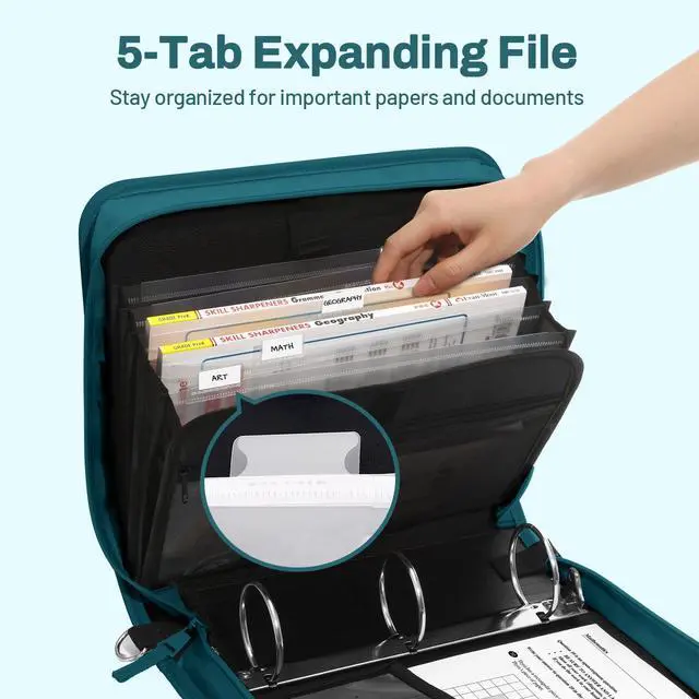 Alt view image 2 of 7 - Zipper Binder 3 Ring, 3 Inch O-Ring with Handle and Shoulder Strap, 600-Sheet Capacity, 5-Tab Expanding File Folder, Multi-Pockets for Middle School Organizer Binder with Zipper, Dark Teal-Green