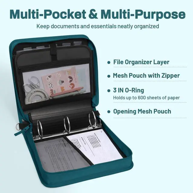 Alt view image 3 of 7 - Zipper Binder 3 Ring, 3 Inch O-Ring with Handle and Shoulder Strap, 600-Sheet Capacity, 5-Tab Expanding File Folder, Multi-Pockets for Middle School Organizer Binder with Zipper, Dark Teal-Green