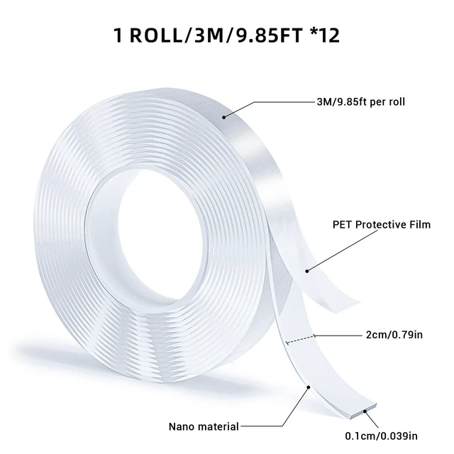 Alt view image 2 of 7 - 12 Rolls Double Sided Tape, Nano Tape, Transparent Adhesive Tape, Traceless Adhesive Tape, Removable, Washable, Reusable, Suitable for Carpets, Photo Walls, 9.85 Feet Per Roll