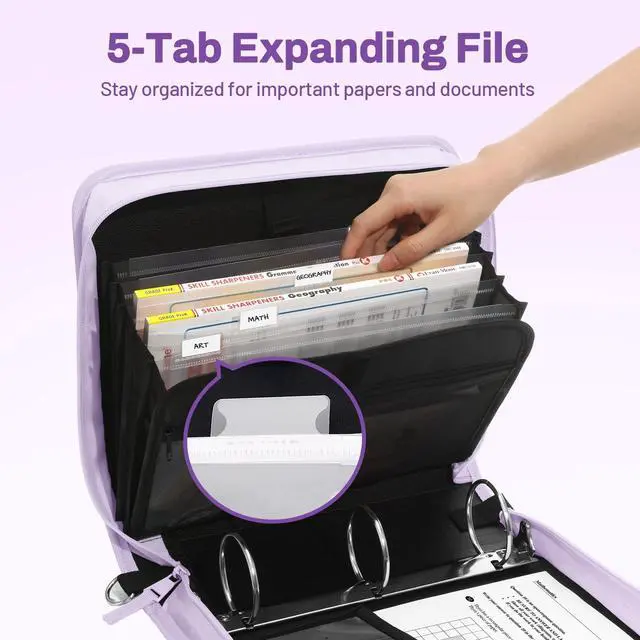 Alt view image 2 of 7 - Zipper Binder 3 Ring, 3 Inch O-Ring with Handle and Shoulder Strap, 600-Sheet Capacity, 5-Tab Expanding File Folder, Multi-Pockets for Middle School Organizer Binder with Zipper, Lavender Purple