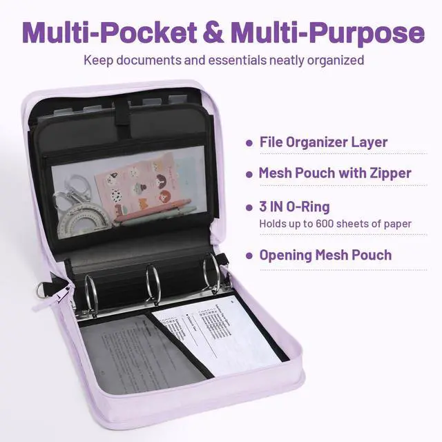 Alt view image 3 of 7 - Zipper Binder 3 Ring, 3 Inch O-Ring with Handle and Shoulder Strap, 600-Sheet Capacity, 5-Tab Expanding File Folder, Multi-Pockets for Middle School Organizer Binder with Zipper, Lavender Purple
