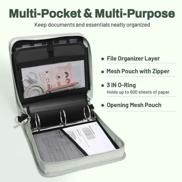 Alt view image 3 of 7 - Zipper Binder 3 Ring, 3 Inch O-Ring with Handle and Shoulder Strap, 600-Sheet Capacity, 5-Tab Expanding File Folder, Multi-Pockets for Middle School Organizer Binder with Zipper, Sage Green