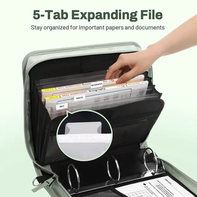 Alt view image 2 of 7 - Zipper Binder 3 Ring, 3 Inch O-Ring with Handle and Shoulder Strap, 600-Sheet Capacity, 5-Tab Expanding File Folder, Multi-Pockets for Middle School Organizer Binder with Zipper, Sage Green