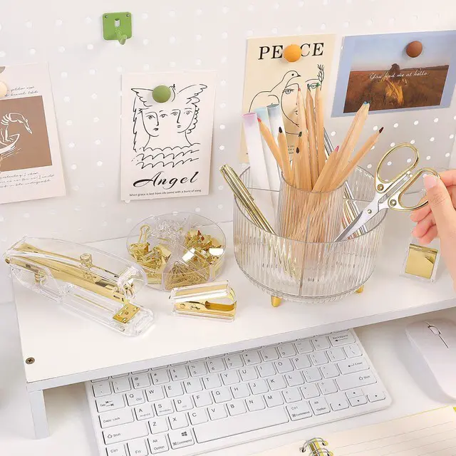 Alt view image 2 of 7 - Gold Office Supplies Set with Pencil Holder for Desk Gold Desk Accessories with Gel Pen, Stapler, Tape Dispenser, Scissors,Clips and 1000pcs Staples, Office Decor for Women