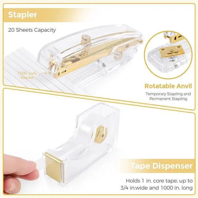 Alt view image 4 of 7 - Gold Office Supplies Set with Pencil Holder for Desk Gold Desk Accessories with Gel Pen, Stapler, Tape Dispenser, Scissors,Clips and 1000pcs Staples, Office Decor for Women