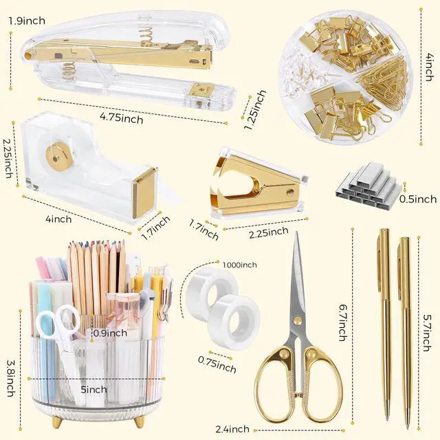Alt view image 5 of 7 - Gold Office Supplies Set with Pencil Holder for Desk Gold Desk Accessories with Gel Pen, Stapler, Tape Dispenser, Scissors,Clips and 1000pcs Staples, Office Decor for Women