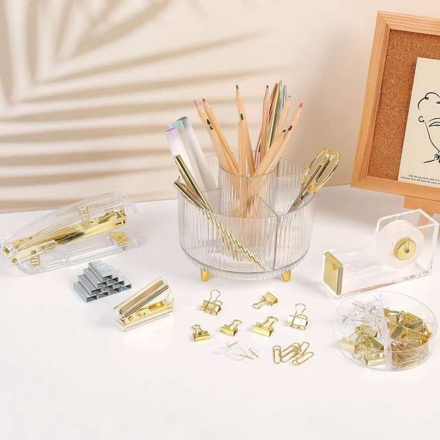 Alt view image 6 of 7 - Gold Office Supplies Set with Pencil Holder for Desk Gold Desk Accessories with Gel Pen, Stapler, Tape Dispenser, Scissors,Clips and 1000pcs Staples, Office Decor for Women