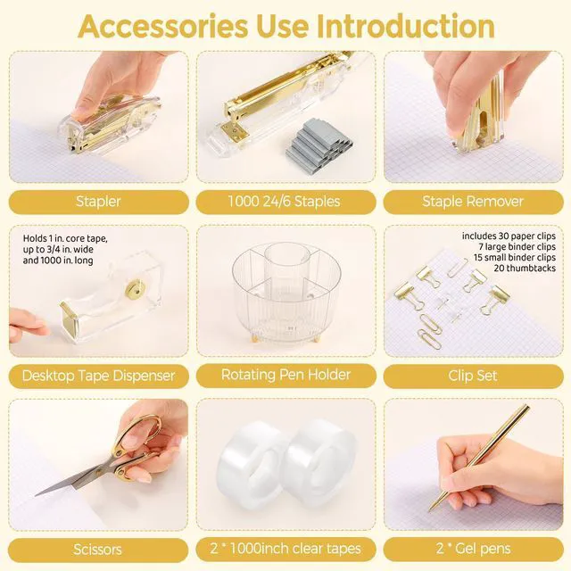 Alt view image 7 of 7 - Gold Office Supplies Set with Pencil Holder for Desk Gold Desk Accessories with Gel Pen, Stapler, Tape Dispenser, Scissors,Clips and 1000pcs Staples, Office Decor for Women