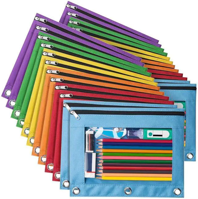 Main image of 24 Pack Pencil Pouche for 3 Ring Binder, Smooth Zipper Pencil Bag Pencil Pouchs, Multi-Color Pencil Case for Binder, Clear Top Binder Pencil Pouch, Pencil Bag with 3 Re-enforced Grommets