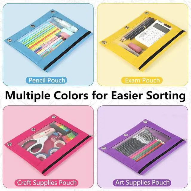 Alt view image 7 of 7 - 24 Pack Pencil Pouche for 3 Ring Binder, Smooth Zipper Pencil Bag Pencil Pouchs, Multi-Color Pencil Case for Binder, Clear Top Binder Pencil Pouch, Pencil Bag with 3 Re-enforced Grommets