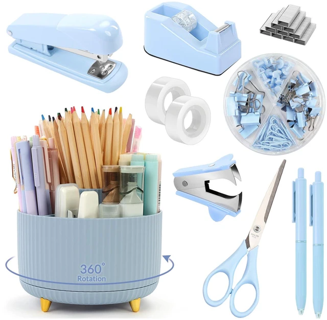 Main image of Blue Desk Accessories 11Pcs with Rotating Pen Holder for Desk Included Stapler with Staples, Staple Remover, Tape Dispenser,2pcs Tape Refills, Binder Paper Clips Kit, Scissor, 2pcs Pens