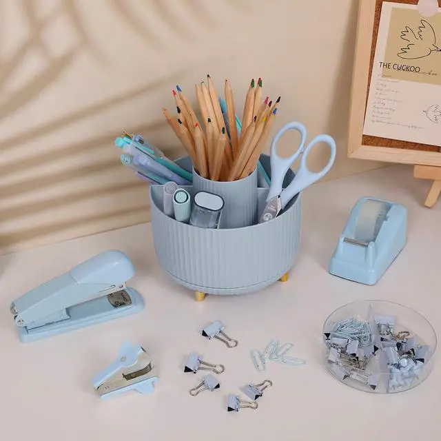 Alt view image 3 of 7 - Blue Desk Accessories 11Pcs with Rotating Pen Holder for Desk Included Stapler with Staples, Staple Remover, Tape Dispenser,2pcs Tape Refills, Binder Paper Clips Kit, Scissor, 2pcs Pens
