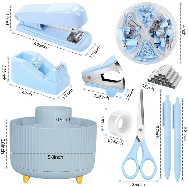 Alt view image 4 of 7 - Blue Desk Accessories 11Pcs with Rotating Pen Holder for Desk Included Stapler with Staples, Staple Remover, Tape Dispenser,2pcs Tape Refills, Binder Paper Clips Kit, Scissor, 2pcs Pens
