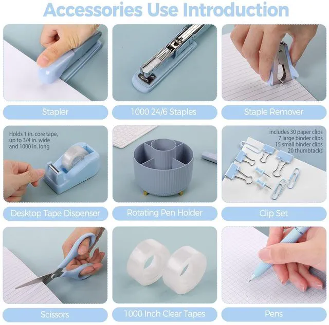 Alt view image 5 of 7 - Blue Desk Accessories 11Pcs with Rotating Pen Holder for Desk Included Stapler with Staples, Staple Remover, Tape Dispenser,2pcs Tape Refills, Binder Paper Clips Kit, Scissor, 2pcs Pens