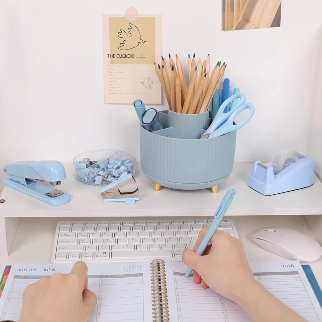 Alt view image 6 of 7 - Blue Desk Accessories 11Pcs with Rotating Pen Holder for Desk Included Stapler with Staples, Staple Remover, Tape Dispenser,2pcs Tape Refills, Binder Paper Clips Kit, Scissor, 2pcs Pens