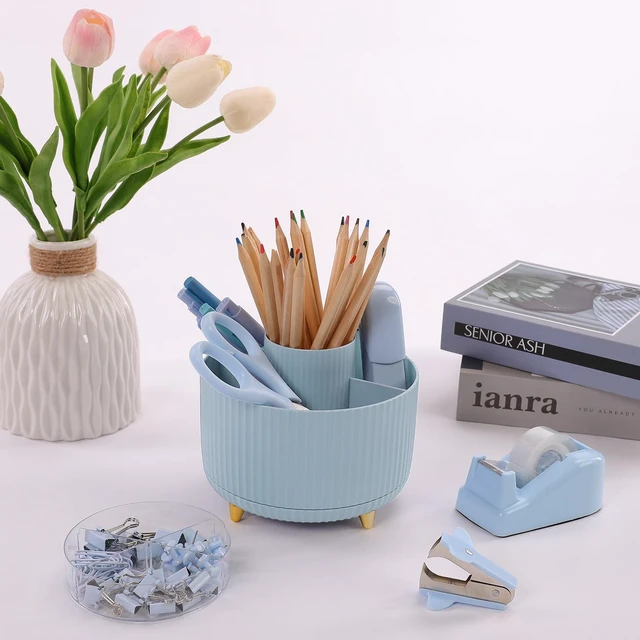 Alt view image 7 of 7 - Blue Desk Accessories 11Pcs with Rotating Pen Holder for Desk Included Stapler with Staples, Staple Remover, Tape Dispenser,2pcs Tape Refills, Binder Paper Clips Kit, Scissor, 2pcs Pens