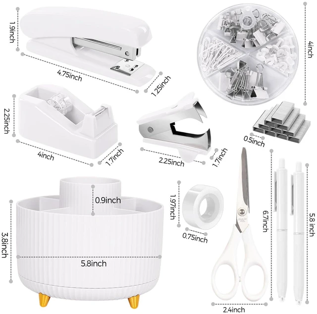 Alt view image 6 of 7 - White Office Supplies Set, Office Desk Accessories 10PCS, Pencil Holder for Desk, Stapler, Tape Dispenser, Scissors, Ruler, Binder/Paper Clips and 1000pcs Staples,Desk Supplies Set